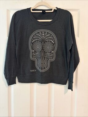 Obey Women's Dark Gray Graphic Skull Scoop Neck Sweatshirt